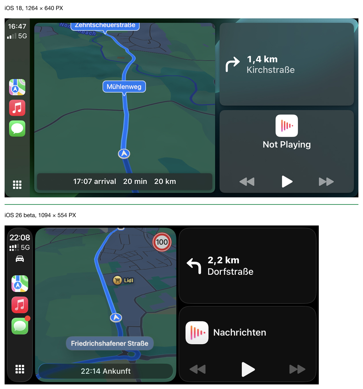 Two screenshots comparing CarPlay on iOS 18 and iOS 26 beta