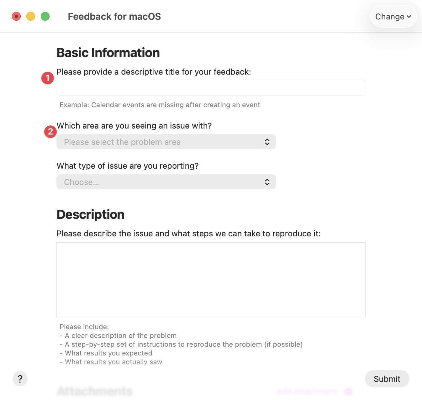 Screenshot of the “New Feedback”-dialog with labels highlighting a text-field and a select with a placeholder-text
